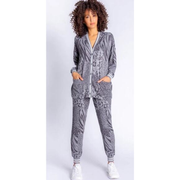 P J Salvage Animal Print Patch Cardigan pants set jogger lounge relaxing XS NWT - Picture 1 of 16